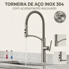 Torneira Monocomando Quente FriaGourmet Mesa Luxo Cozinha Inox Escovado Flexível Gatilho Spray Mola
