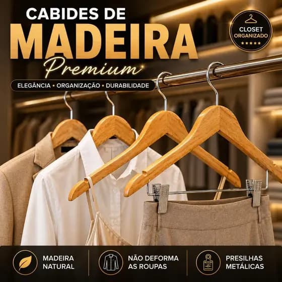 Cabide de Madeira Com Presilhas Kit Com 3, 5 e 10 Cabides De Madeira Para Roupas Calça Saia