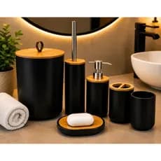 Kit Banheiro Acessórios 6 Peças Lixeira Banheiro Preto Fosco Bambu Lavabo Escova Sanitária