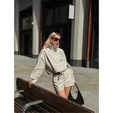 2026 bolinhas Casual terno feminino curto gola superior + Shorts de cintura alta duas peças compras/dados/trabalho