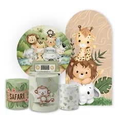 Kit Capa Painel Redondo de Festa + Capa Cilindros Malha Safari Animais Decorativo Bibi Paineis