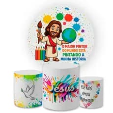 Kit Capa Painel Festivo Redondo + Trio Cilindro Decoração O Maior Pintor Do Mundo Festa Aniversário