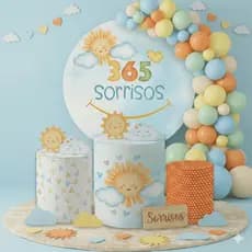 Capas Decorações Painel Redondo + Trio de Cilindros Tema 365 Sorrisos Cute Festa Infantil Promoção Oferta