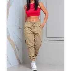 Calça Jogger Cargo Feminina Com Punho Bolso Lateral Sarja