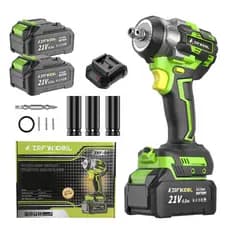 Chave de Impacto sem escova 21V 400Nm Sem Fio 2 Baterias 4000mAh 12 Acessórios