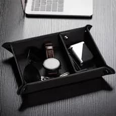 Porta Treco de Mesa em Couro PU Sintético Premium Preto Bandeja de Armazenamento