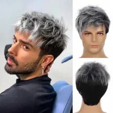 peruca cabelo humano grisalho Peruca Cinza Masculina Curta Camada Mista Preta Natural Sintética De Halloween Cosplay Perucas De Fantasia Para Homens