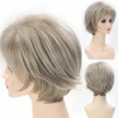 peruca cabelo humano grisalho Perucas Loiras Curtas De Cinzas Para Mulheres Brancas Cortadas Com Franja Peruca Sintética De Cabelo Curto Destaques
