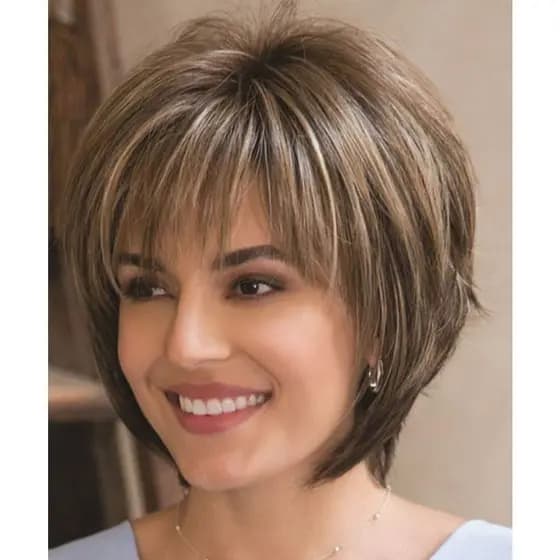 peruca cabelo humano loira peruca cabelo humano cacheado peruca de cabelo humano natural peruca de cabelo humanoPerucas De Cabelo Curto Castanho Marrom Para Mulheres Brancas Corte De Pixie Em Camadas Com Destaques Loiros Sintéticas De Visual Natural Bangs