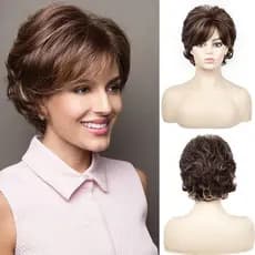 peruca cabelo humano cacheado Cabelo Encaracolado hort Feminino Branco Misturado Com Franja diagonal Marrom Perucas Curtas De Fibra Química