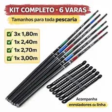 Kit Pesca Completo 6 Varas Telescópicas Tamanhos Diversos Fibra Vidro Capa e Enrolador de Linha