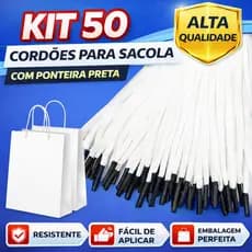 Kit 50 Cordões Brancos para Sacola com Ponteira Preta | Alça Reforçada para Embalagem