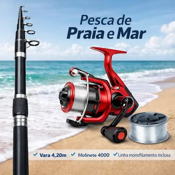 Vara de Pesca 4,20m para Praia e Mar + Molinete 4000 com Linha Monofilamento – Kit Completo