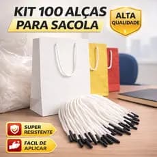 Kit 100 Alças para Sacola Cordão Branco com Ponteira Preta | Papel Kraft TNT | Embalagem Evento Loja