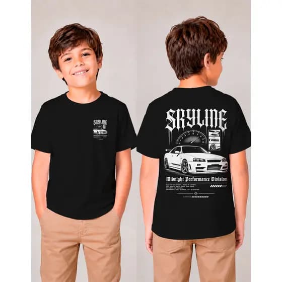Camiseta Infantil Skyline JDM Unissex Streetwear 100% Algodão Premium Estampa Exclusiva Car Culture