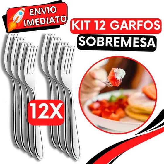 KIT Jogo 12 Garfo de Sobremesa Talher de Aço Inox Luxo Reutilizável Faqueiro Para Casa Restaurante Buffet Bar Doces
