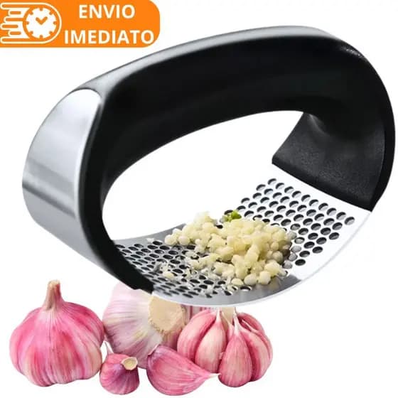 Triturador Amassador de Alho Batata Legume Aço Inox Manual Prático Multiuso Universal Cabo Preto Resistente