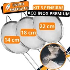 KIT 3 Peneira Coador de Aço Inox 22cm 18cm 14 cm de Cozinha para Casa Restaurante para Farinha Oleo Tapioca Peneirar
