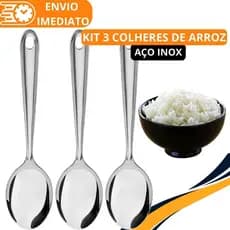 KIT 3 Colher de Arroz GRANDE Cabo longo 100 % Aço Inox Brilhante Super Resistente para Casa Restaurante Buffet