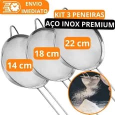 KIT 1/3 Unid Peneira Coador de Aço Inox PREMIUM 22cm 18cm 14cm Resistente para Cozinha Casa Restaurante Farinha Oleo
