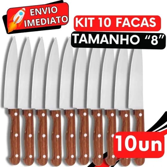 KIT 3/10 Unidades Faca De Cozinha Churrasco Cabo Madeira Inox Profissional Tamanho "8" 33CM GRANDE para Casa Açougue