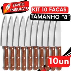 KIT 3/10 Unidades Faca De Cozinha Churrasco Cabo Madeira Inox Profissional Tamanho "8" 33CM GRANDE para Casa Açougue