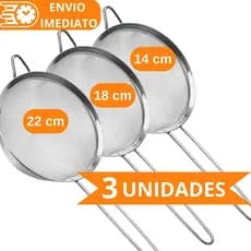 KIT Jogo 3 Peneira Coador de Aço Inox 22cm 18cm 14cm de Cozinha para Casa Restaurante para Farinha Oleo
