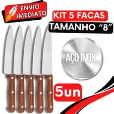 KIT Jogo 5 Faca De Cozinha Churrasco Cabo Madeira Aço Inox Profissional Tamanho "8" 33CM para Casa Restaurante Açougue