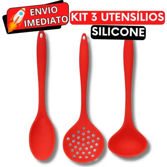 KIT Jogo 3 Utensílios de Cozinha Silicone GRANDE Super Resistente Colher Concha Escumadeira Não Risca a Panela