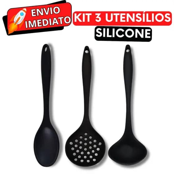 KIT Jogo 3 Utensílios de Cozinha Silicone Grande Resistente Colher Concha Escumadeira Não Risca a Panela Para Casa