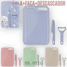 Kit Cozinha Culinária 3 Peças Tábua Plástica de Cortar + Faca + Descascador de Legumes