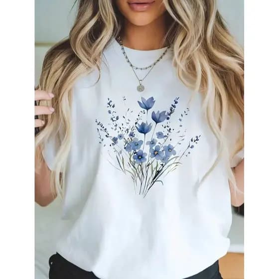 Camiseta Casual Floral Azul Premium Primavera Verão 100% Algodão Envio Rapido