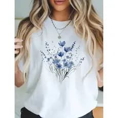 Camiseta Casual Floral Azul Premium Primavera Verão 100% Algodão Envio Rapido