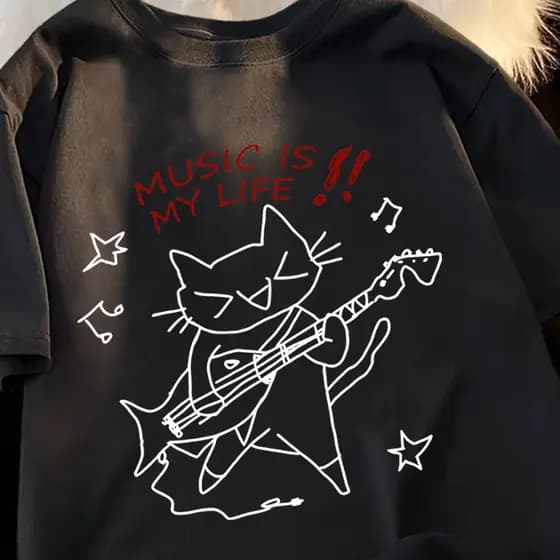 Camiseta Básica Music Is My LIfe Cat Rock Musica Lançamento Blusa de Qualidade 100% Algodão Envio Rápido