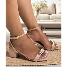 Sandalia Feminina Salto Bloco Salto Médio Saltinho Casual Sandália com enfeite Dourado Ref 0199