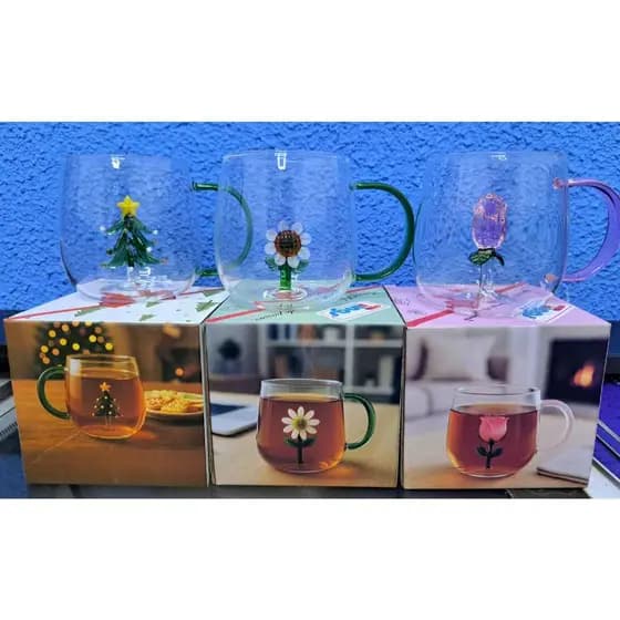 Caneca de vidro 3D Flor Rosa, Girassol ou Arvore de Natal 400 ml xícara flor chá Café Chocolate Quente