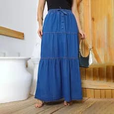 Saia Jeans Evangélica Longa três marias com Cintura Alta e Elastico com  botoes decorativos
