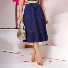 Saia Jeans Evangélica Midi 3 Marias com Elastico na Cintura | Moda Evangélica