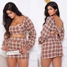 Conjunto Feminino Xadrez Short Saia e Cropped Manga Longa Alfaiateria Festa Junina