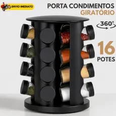 Porta Tempero Giratório 16 Potes de Vidro Preto 360 Graus com Tampa Dosadora Organização Cozinha Condimentos