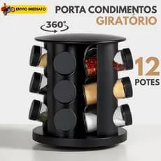 Porta Tempero Giratório 12 Potes de Vidro Preto 360 Graus com Tampa Dosadora Organização Cozinha Condimentos