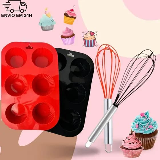 Kit forma de silicone para cupcake e batedor de ovos fue vermelho preto para muffin pudim