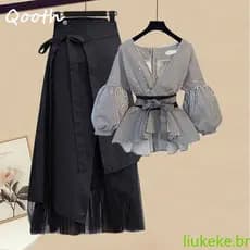 Qooth Mulheres M-4XL Top Tamanho Saia De Duas Peças Conjunto Elegante Camisa Do Escritório Senhora V Pescoço Longo Blusa