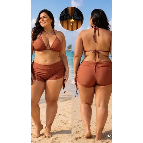 Biquíni Plus Size, cortininha, com pingente de coqueiro, com shortinho de amarração, bojo removível.