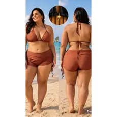 Biquíni Plus Size, cortininha, com pingente de coqueiro, com shortinho de amarração, bojo removível.