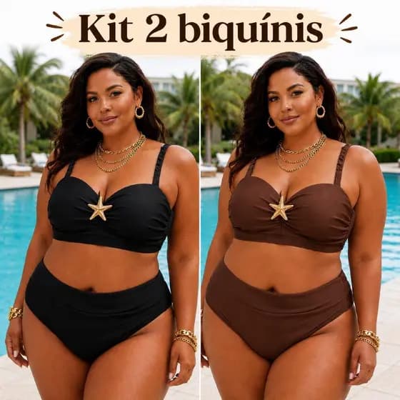 Kit 2 biquínis Plus Size de estrela do mar cintura alta, bojo inteiro alça regulável, forrado, lindo