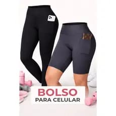 Kit Calça + Bermuda Feminina Academia Cós Alto com Bolso para Celular Suplex Zero Transparência