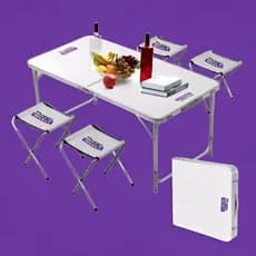 Mesa Dobrável Portátil Vira Maleta Camping Praia 120x60cm com 4 Banquinhos Dobráveis Branco
