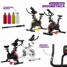 Bicicleta Spinning Ergométrica Semi Profissional Sport Preto até 120kg + Squeeze Garrafa + Barra