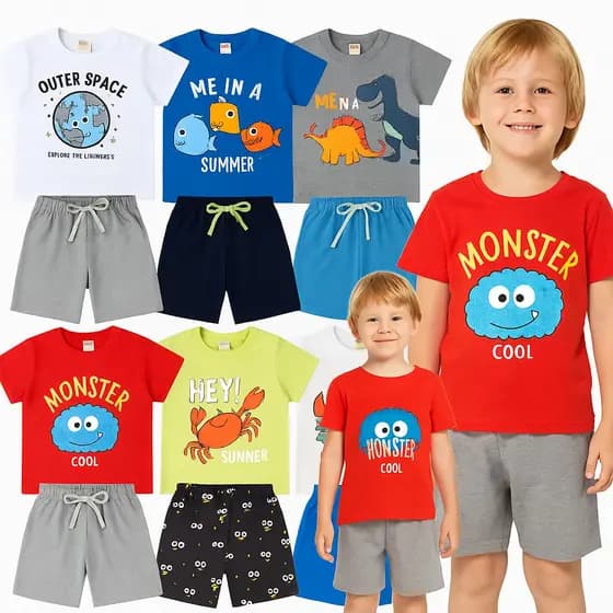Kit 4 peças de Roupa Infantil Menino Verão - Kit 2 Conjuntos de Menino - Conjunto de Verão Masculino Sortidos